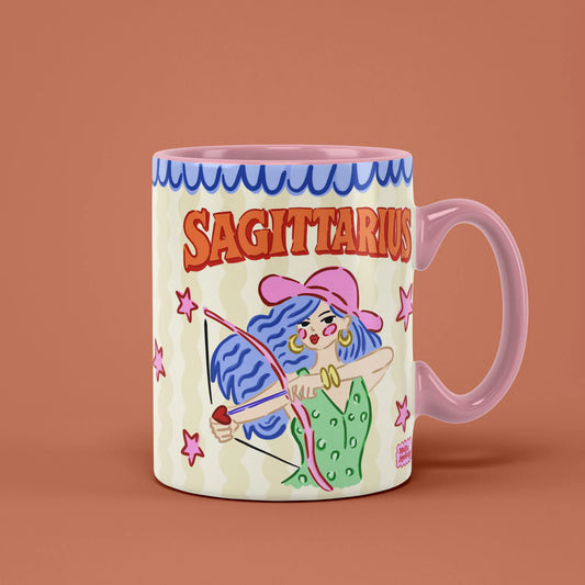 Sagittarius zodiac mug with a blue-haired archer drawing a bow and arrow