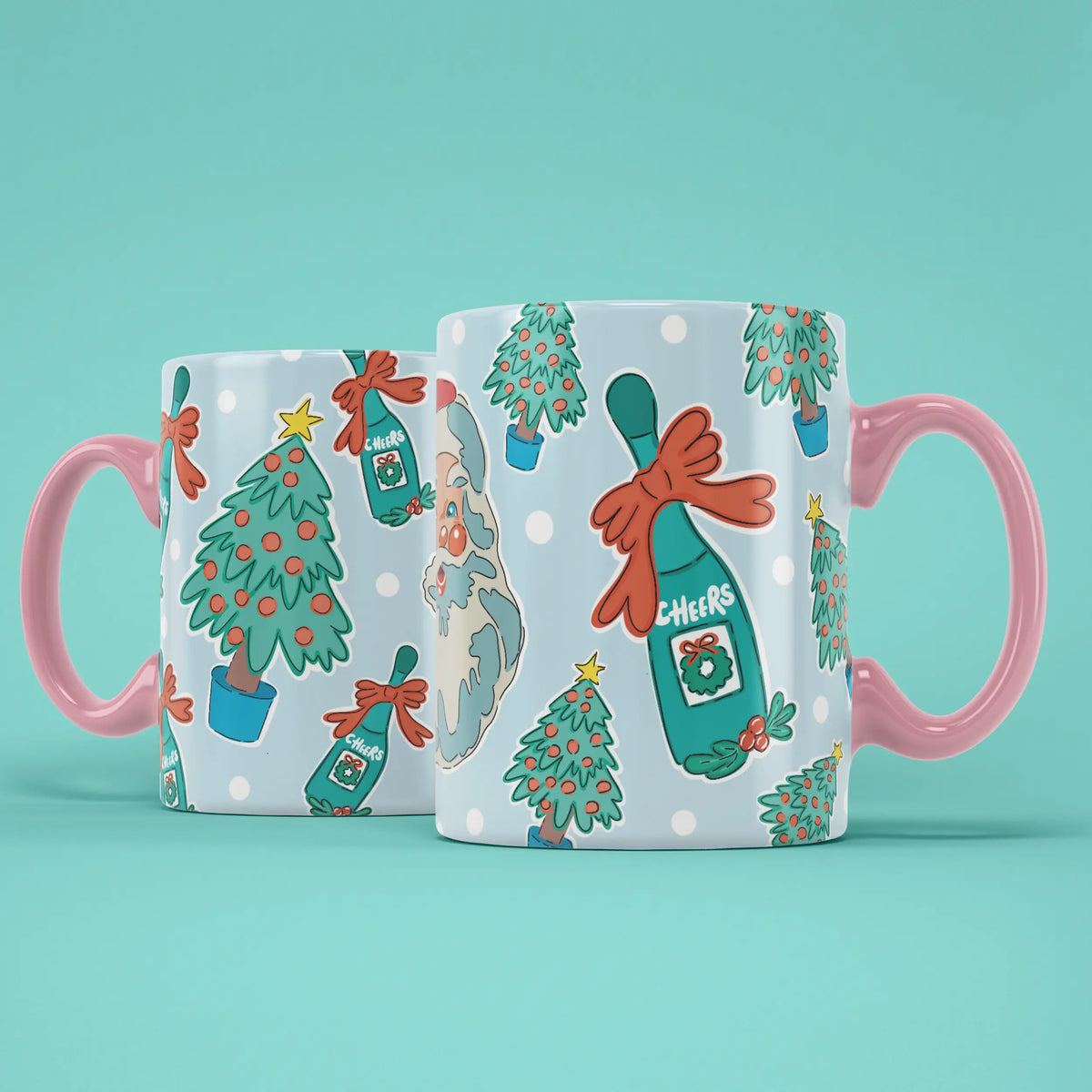 Two Santa mugs showing both sides of the colourful festive design