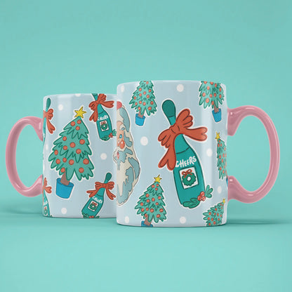 Two Santa mugs showing both sides of the colourful festive design