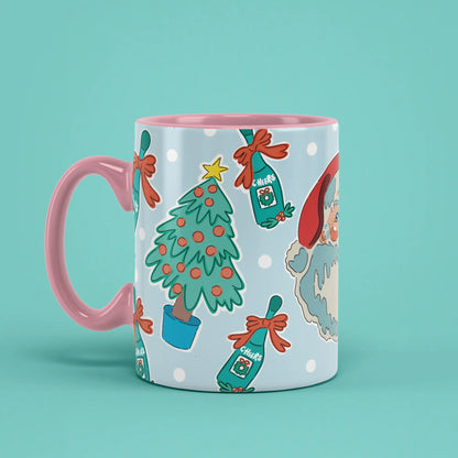 Santa Mug with a reindeer and Christmas artwork and a pink handle on the left