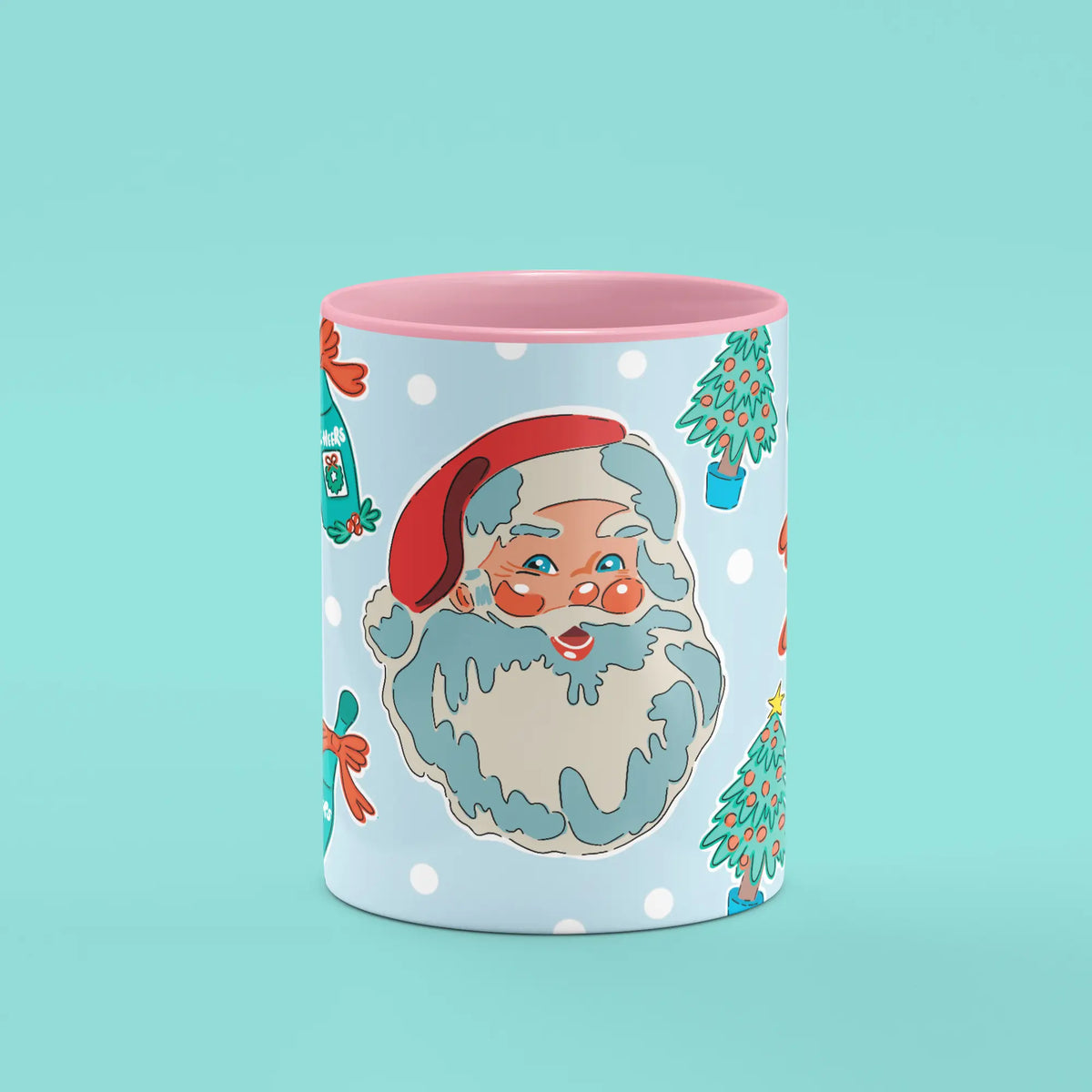 Front view of the Santa Mug showing retro Santa, festive trees and champagne