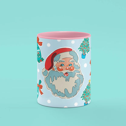 Front view of the Santa Mug showing retro Santa, festive trees and champagne