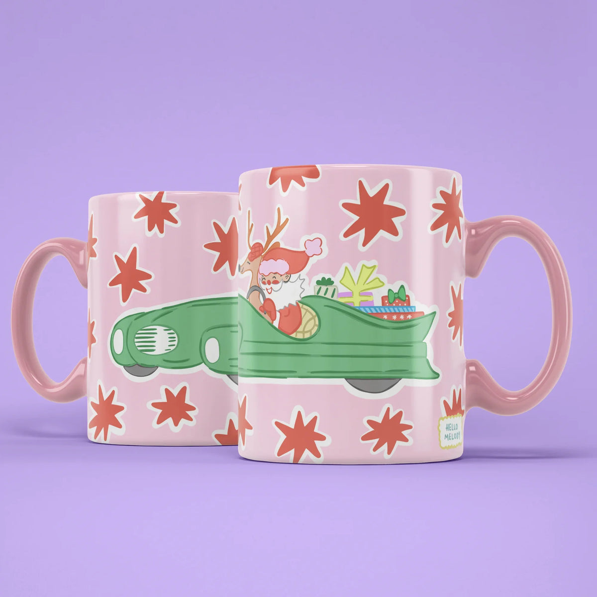 Santa's Car Mug – two mugs showing front and back of the retro car design