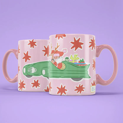 Santa's Car Mug – two mugs showing front and back of the retro car design