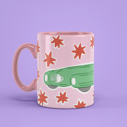 Santa's Car Mug – retro Christmas cup with pink handle on left