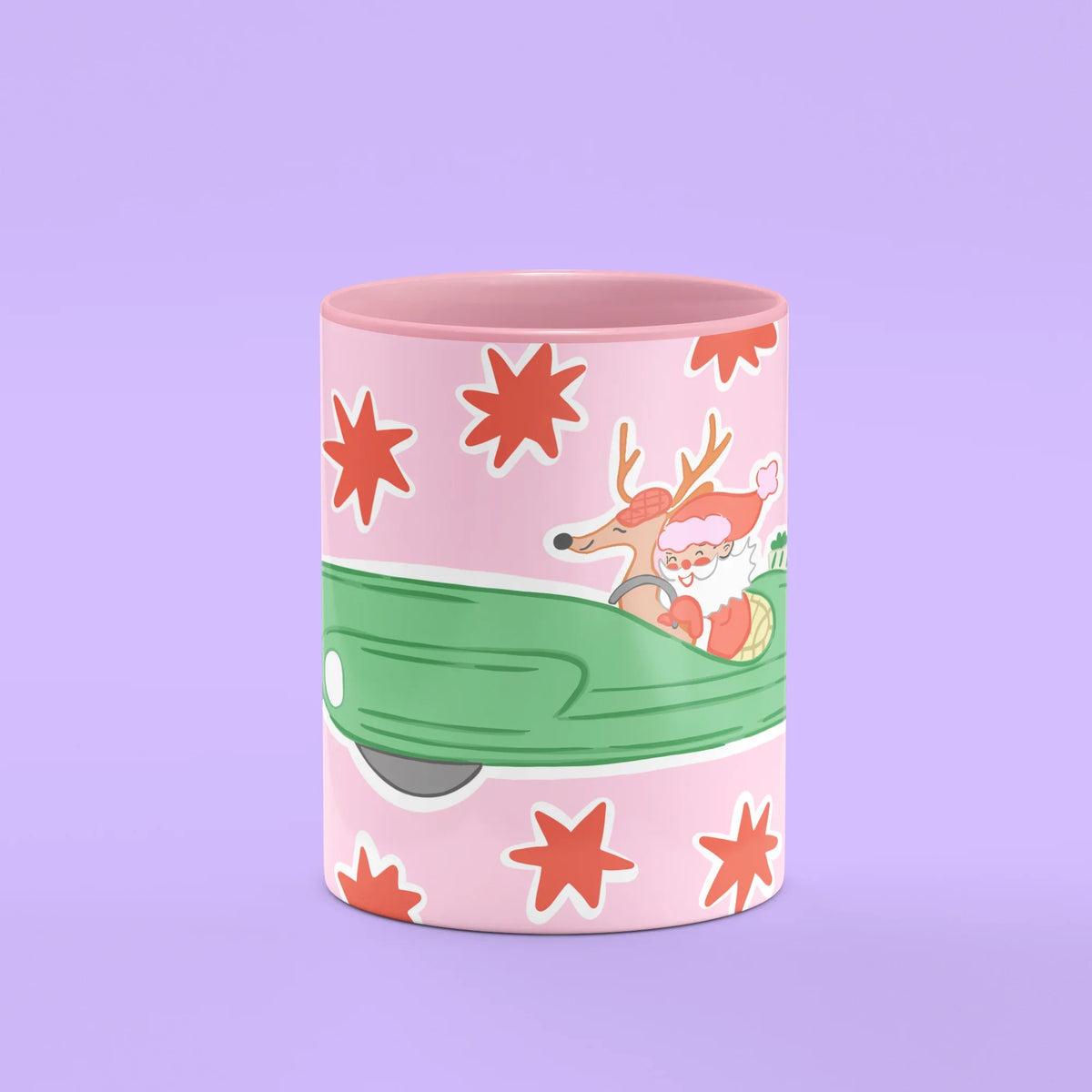 Santa's Car Mug – front view of reindeer at the wheel with red stars