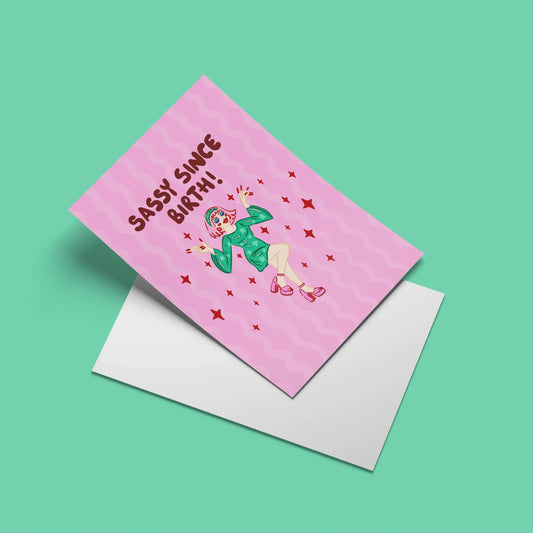 Sassy Since Birth Card – angled view with envelope