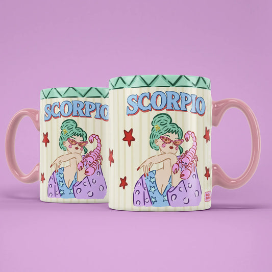 Two Scorpio star sign mugs showing a green-haired figure holding a pink scorpion