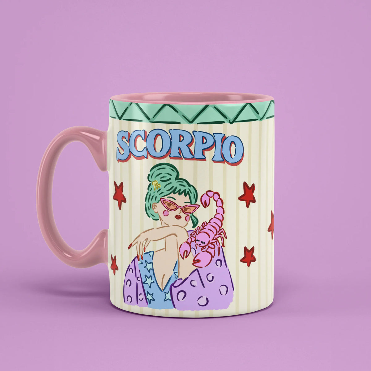 Scorpio astrology mug angled left with red stars and scorpion artwork