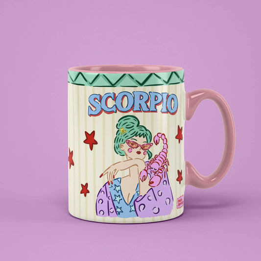 Scorpio zodiac mug with a green-haired figure holding a pink scorpion