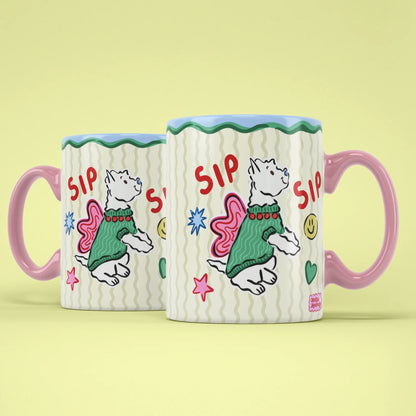 Sip Sip Mug – two mugs showing front and back of the festive dog design