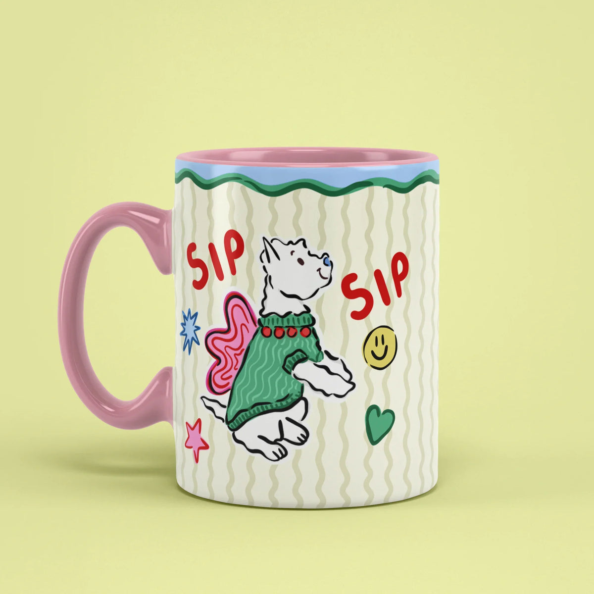 Sip Sip Mug – festive dog cup with pink handle on left