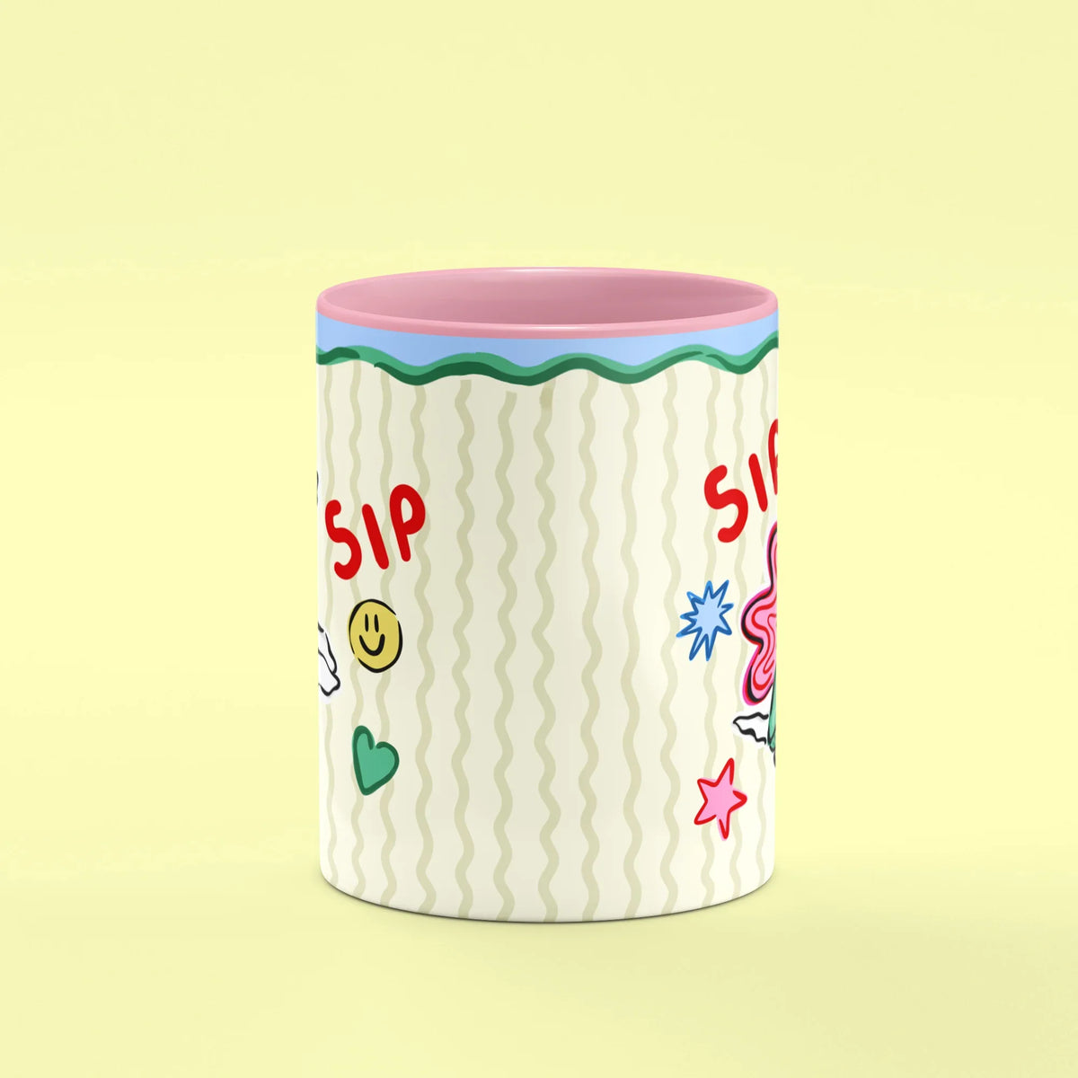 Sip Sip Mug – front view of dog in green jumper with hearts