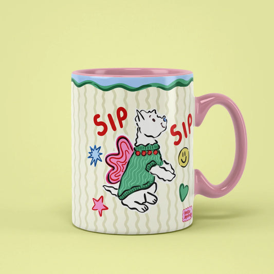 Sip Sip Mug – dog in Christmas jumper with Sip Sip, pink handle on right