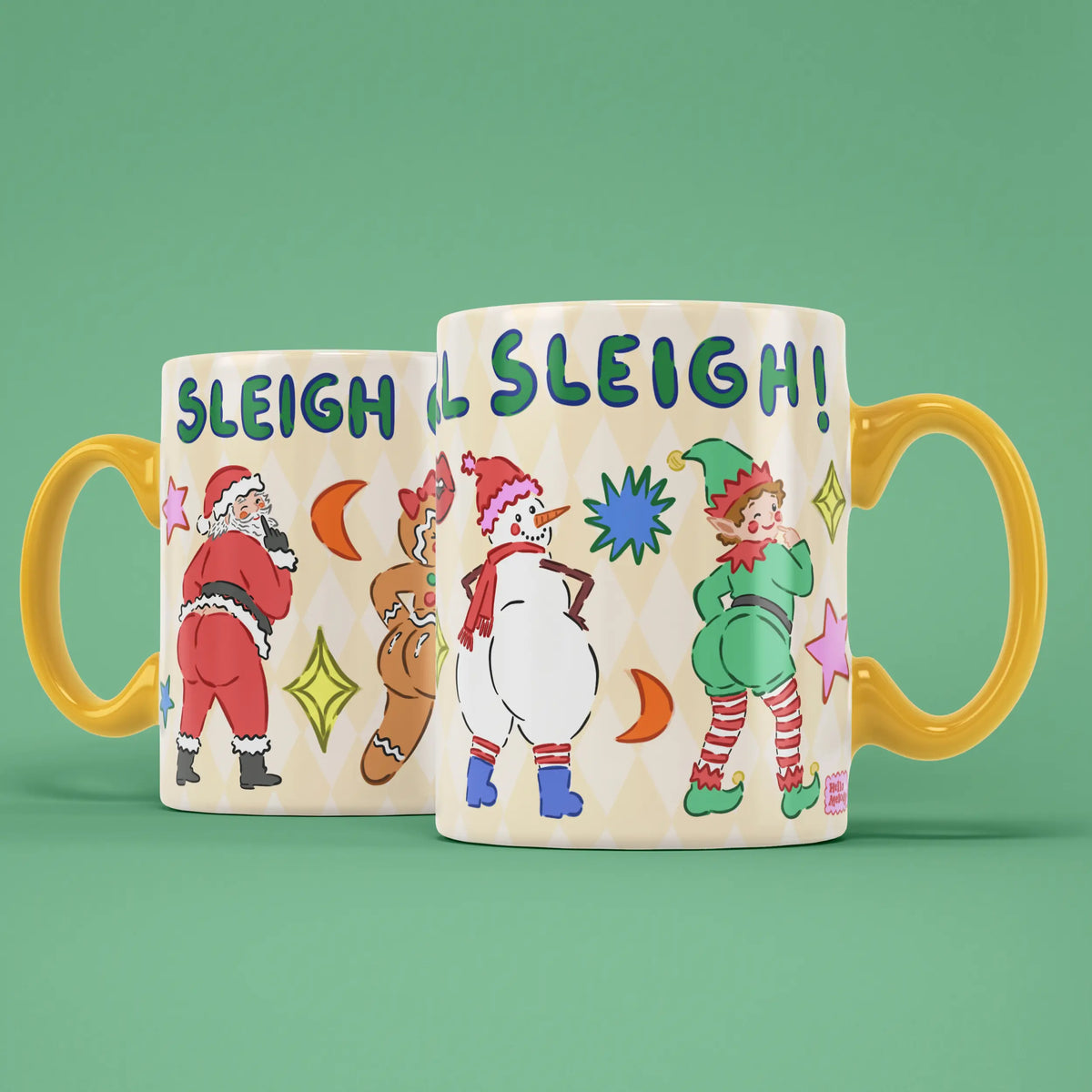 Two Sleigh mugs showing both sides of the colourful Christmas design