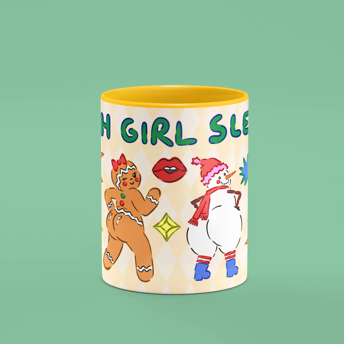 Front view of the Sleigh Mug showing festive characters and Sleigh lettering