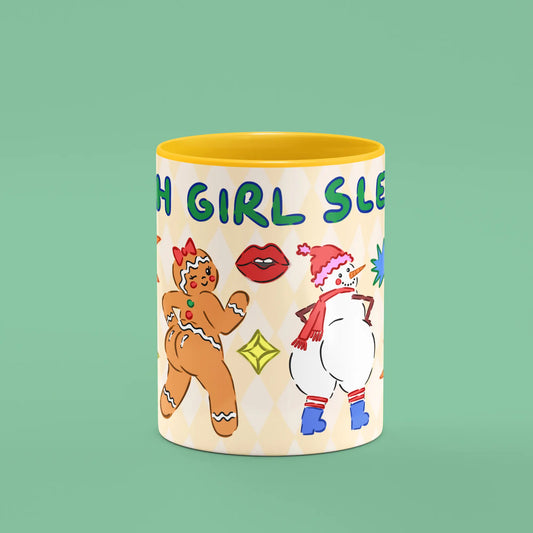 Front view of the Sleigh Mug showing festive characters and Sleigh lettering