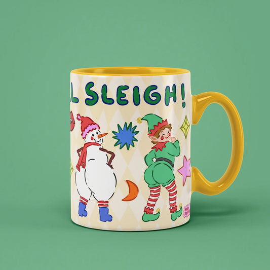 Sleigh Mug with festive Santa and elf artwork and a yellow handle