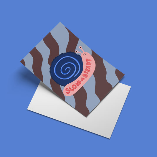Slow and Steady print – angled mock-up with envelope
