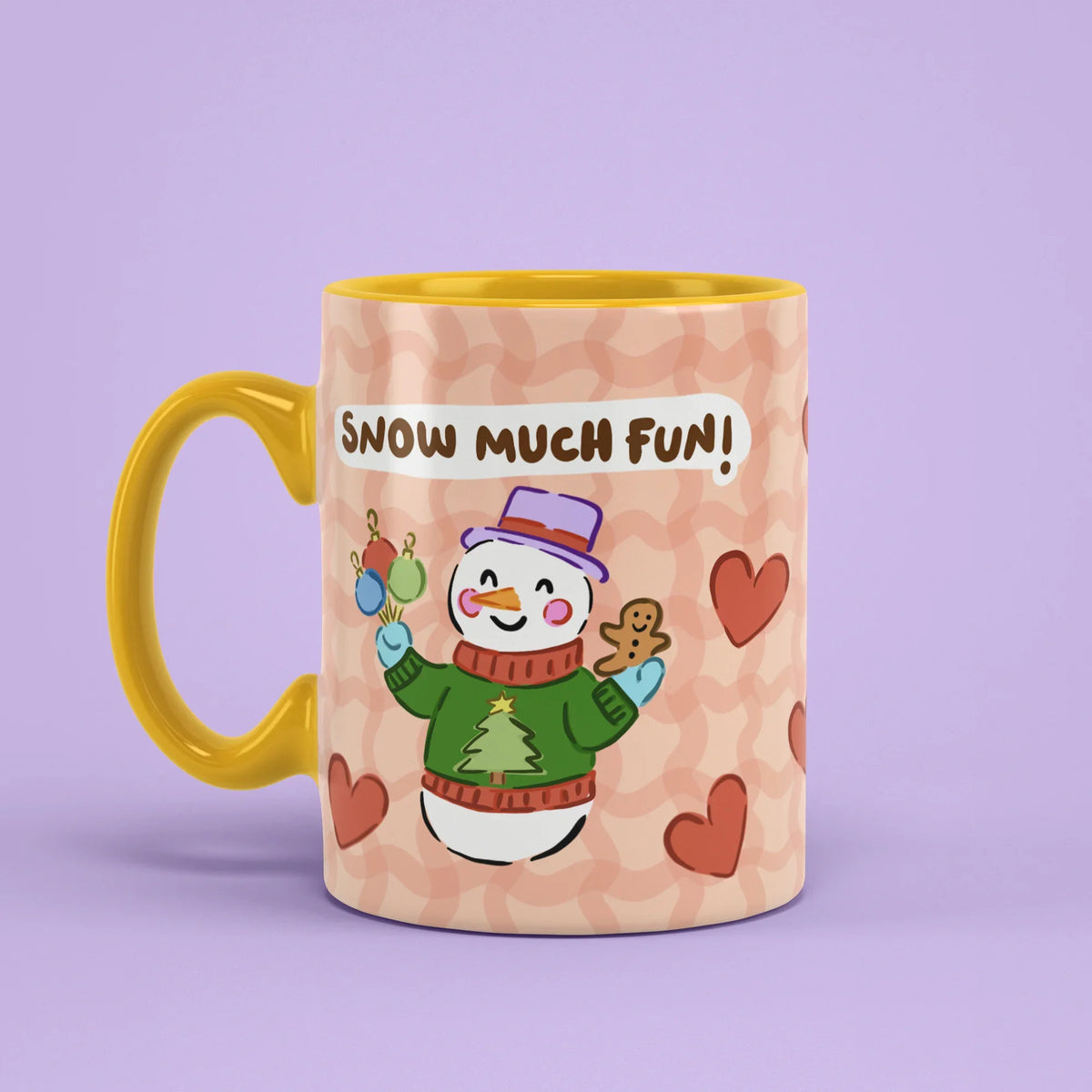 Snow Much Fun Mug – snowman cup with yellow handle on left