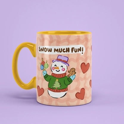 Snow Much Fun Mug – snowman cup with yellow handle on left