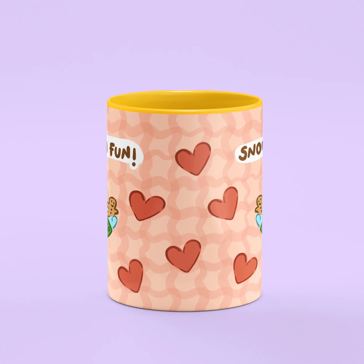 Snow Much Fun Mug – front view of snowman in festive jumper with hearts