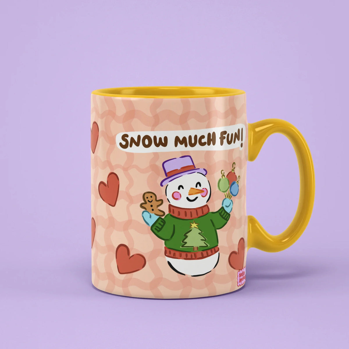 Snow Much Fun Mug – snowman with gingerbread biscuit, yellow handle on right