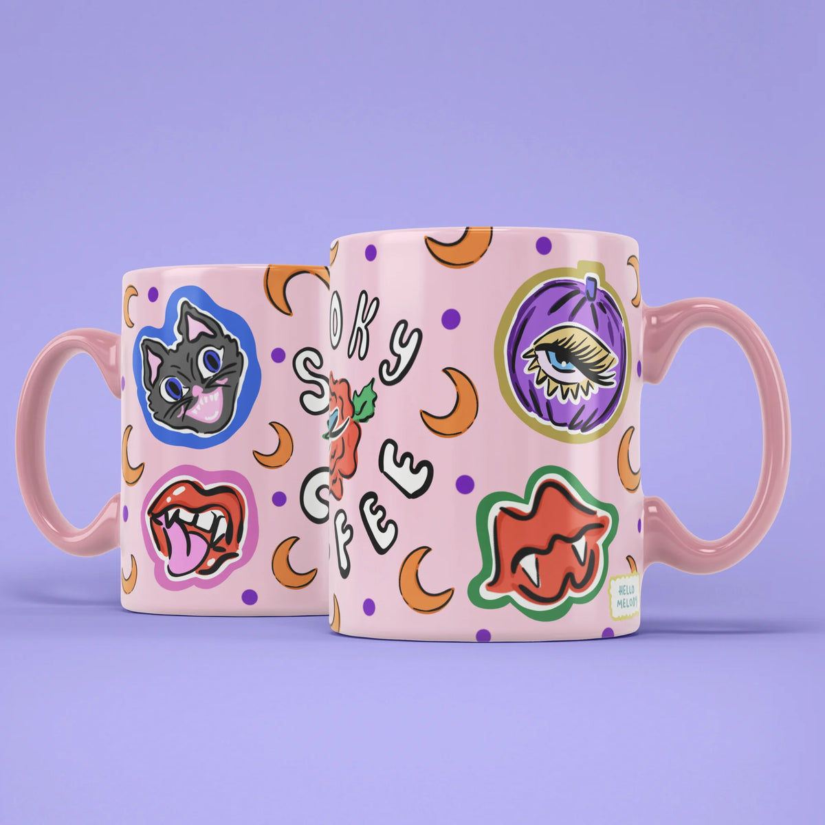 Spooky Coffee Mug shown from both sides with dark florals