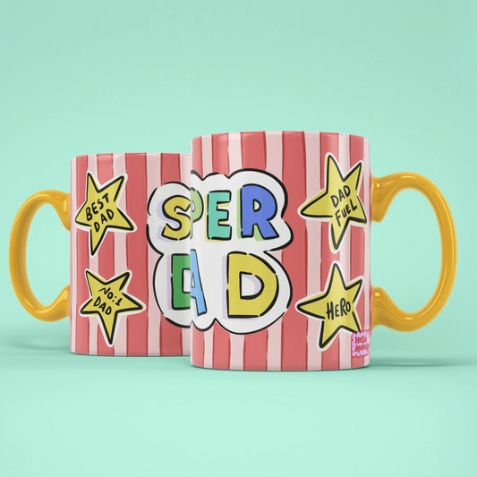 Super Dad Mug shown from both sides with red striped design