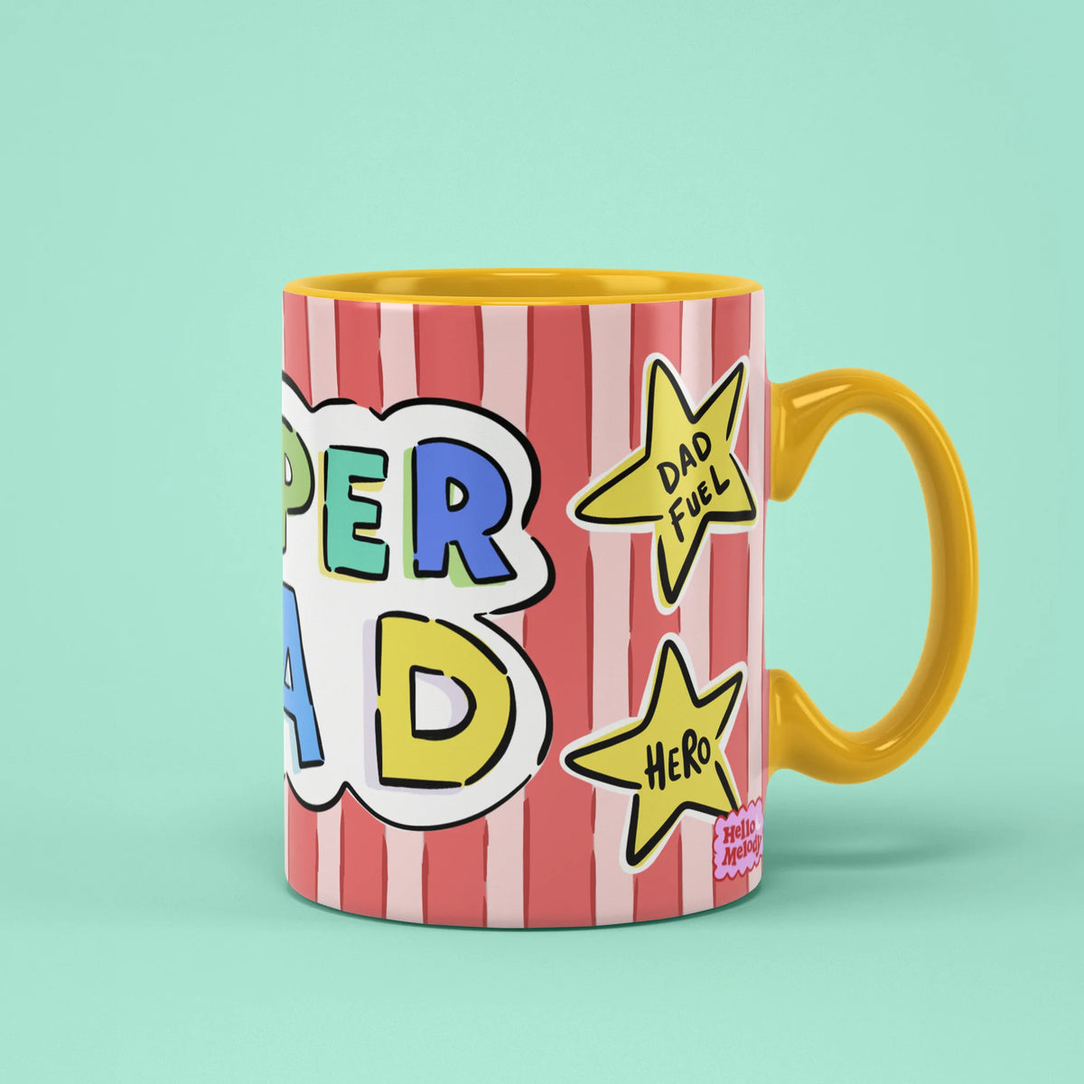Super Dad Mug with bright stripes and hero star stickers, gift for dads