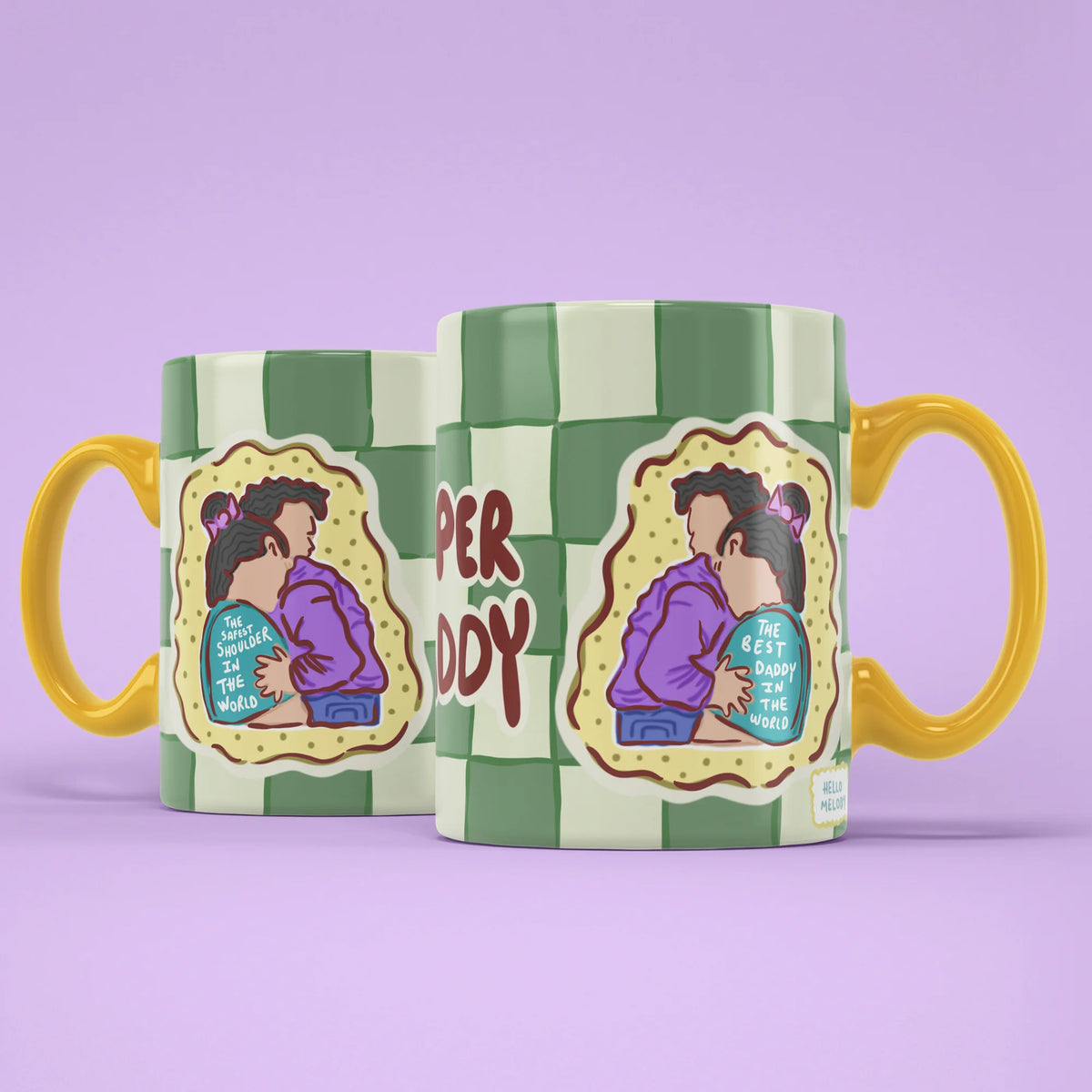 Super Daddy Mug shown from both sides with best daddy artwork