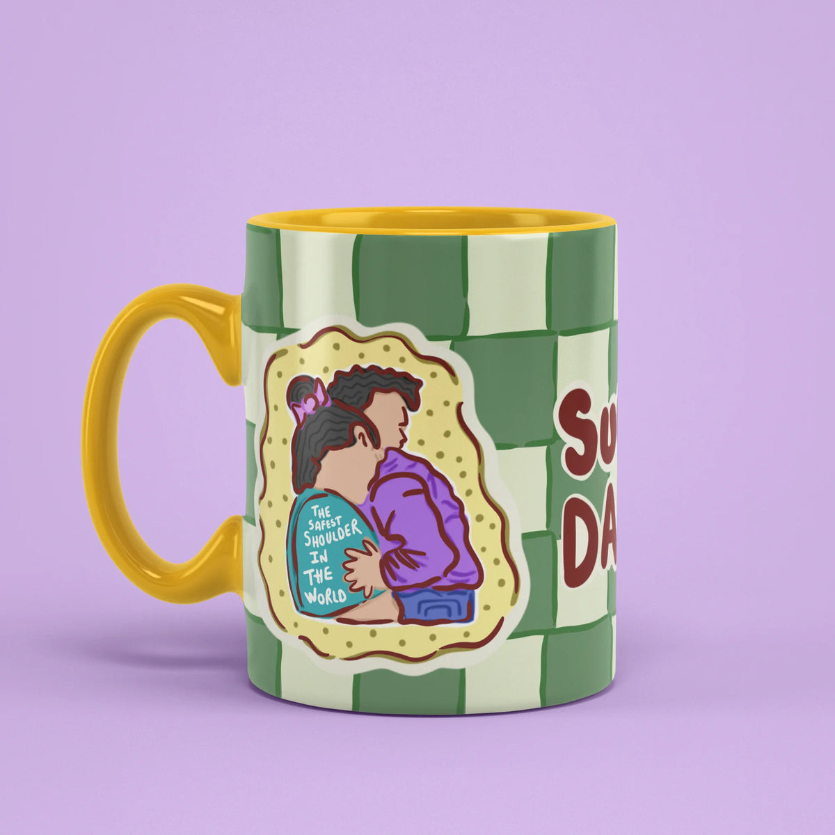 Left view of Super Daddy Mug with green checked pattern
