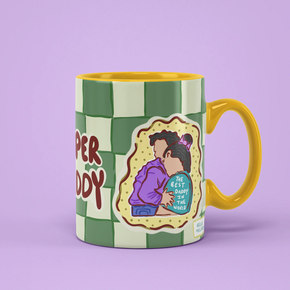 Super Daddy Mug with father and daughter hug illustration on green checks