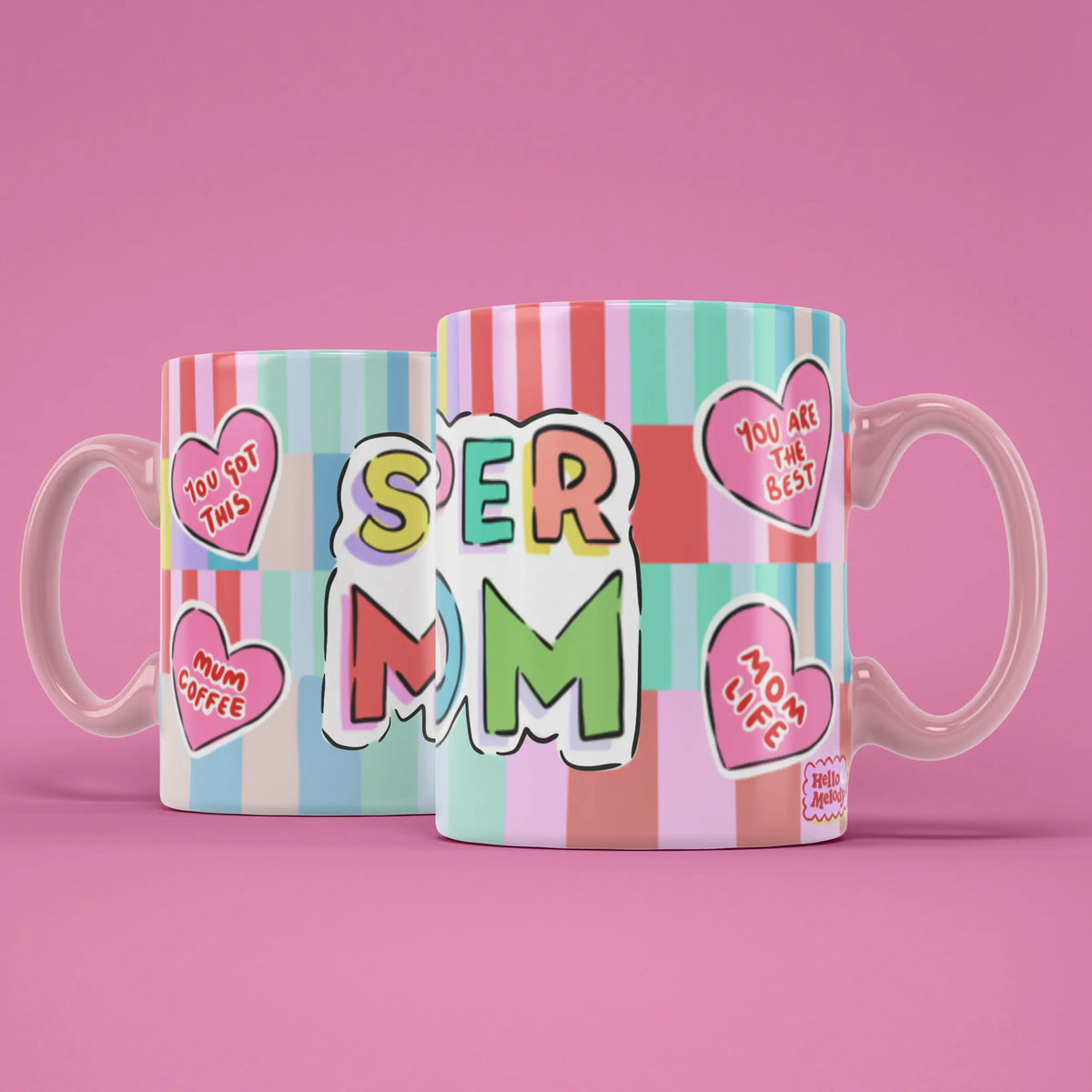 Two Super Mom mugs showing both sides of the empowering mum design