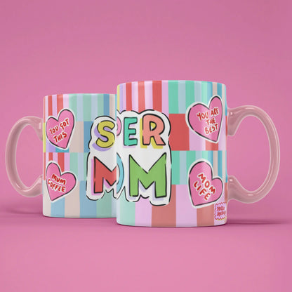 Two Super Mom mugs showing both sides of the empowering mum design