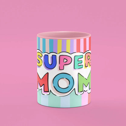 Front view of the Super Mom Mug showing bold Super Mom lettering and affirmations