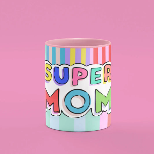 Front view of the Super Mom Mug showing bold Super Mom lettering and affirmations
