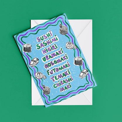 Sushi print – flat lay mock-up showing the colourful illustrated design