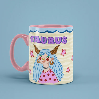 Taurus astrology mug angled left with pink stars and wavy pattern