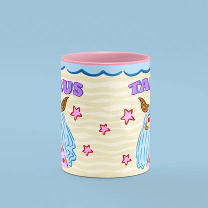 Taurus mug reverse view showing pink stars and wavy pattern and pink handle