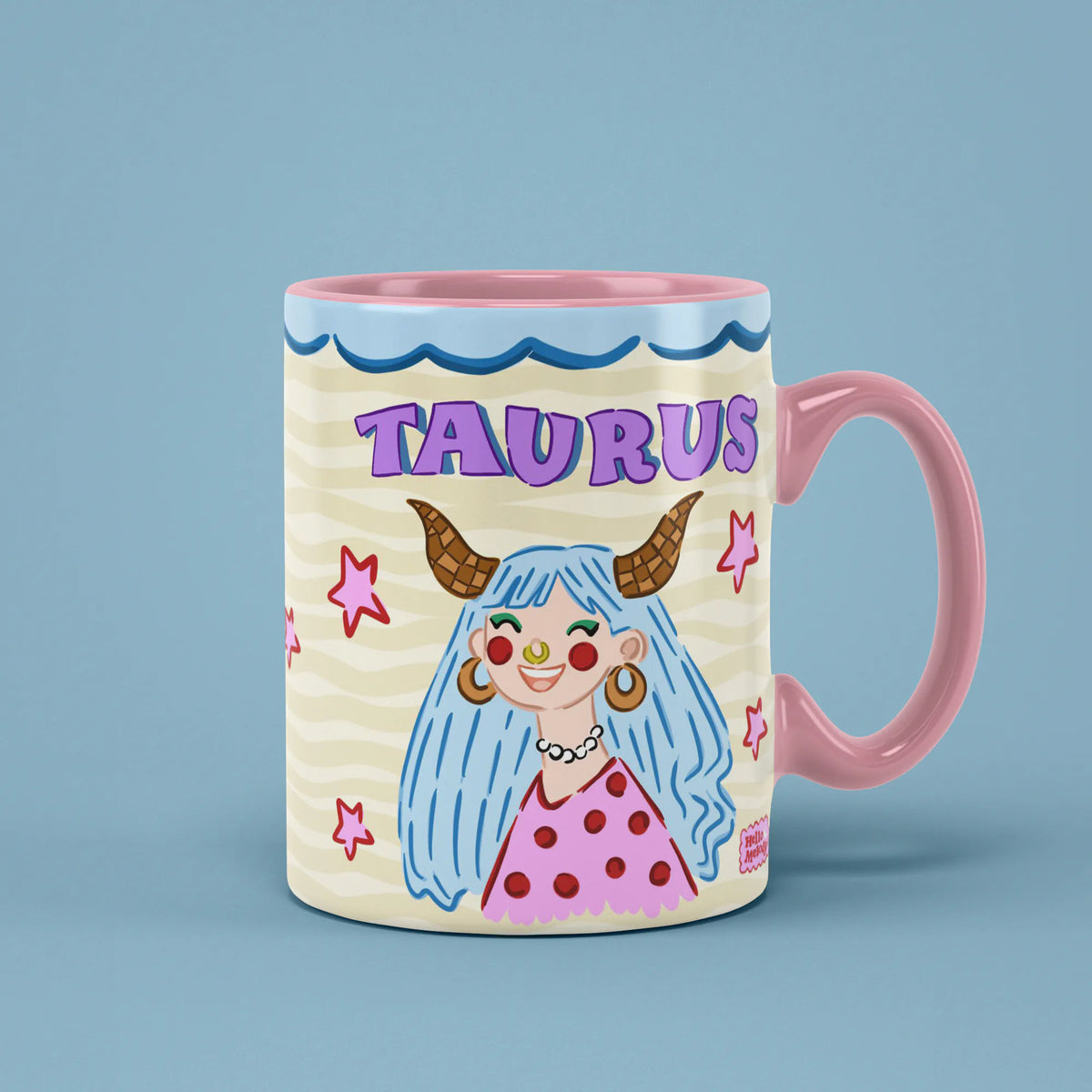 Taurus zodiac mug with a blue-haired figure with bull horns and pink polka dots