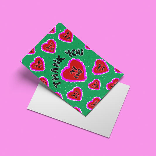 Thank You My Love greeting card – angled mock-up with envelope