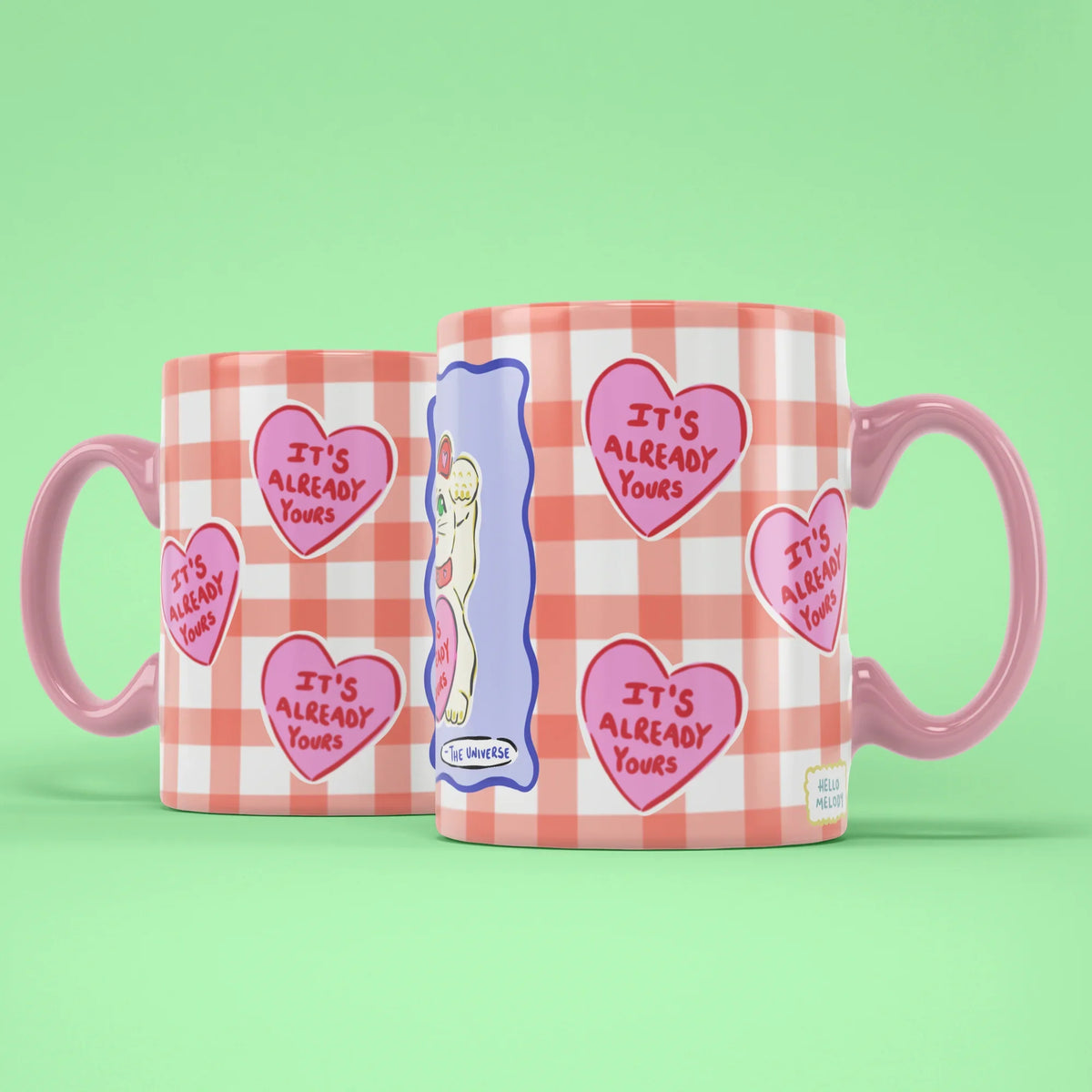 The Universe Mug – two mugs showing front and back with lucky cat panel