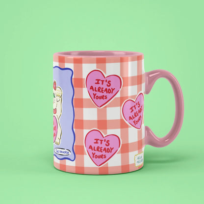 The Universe Mug – It's Already Yours hearts on gingham, pink handle on right