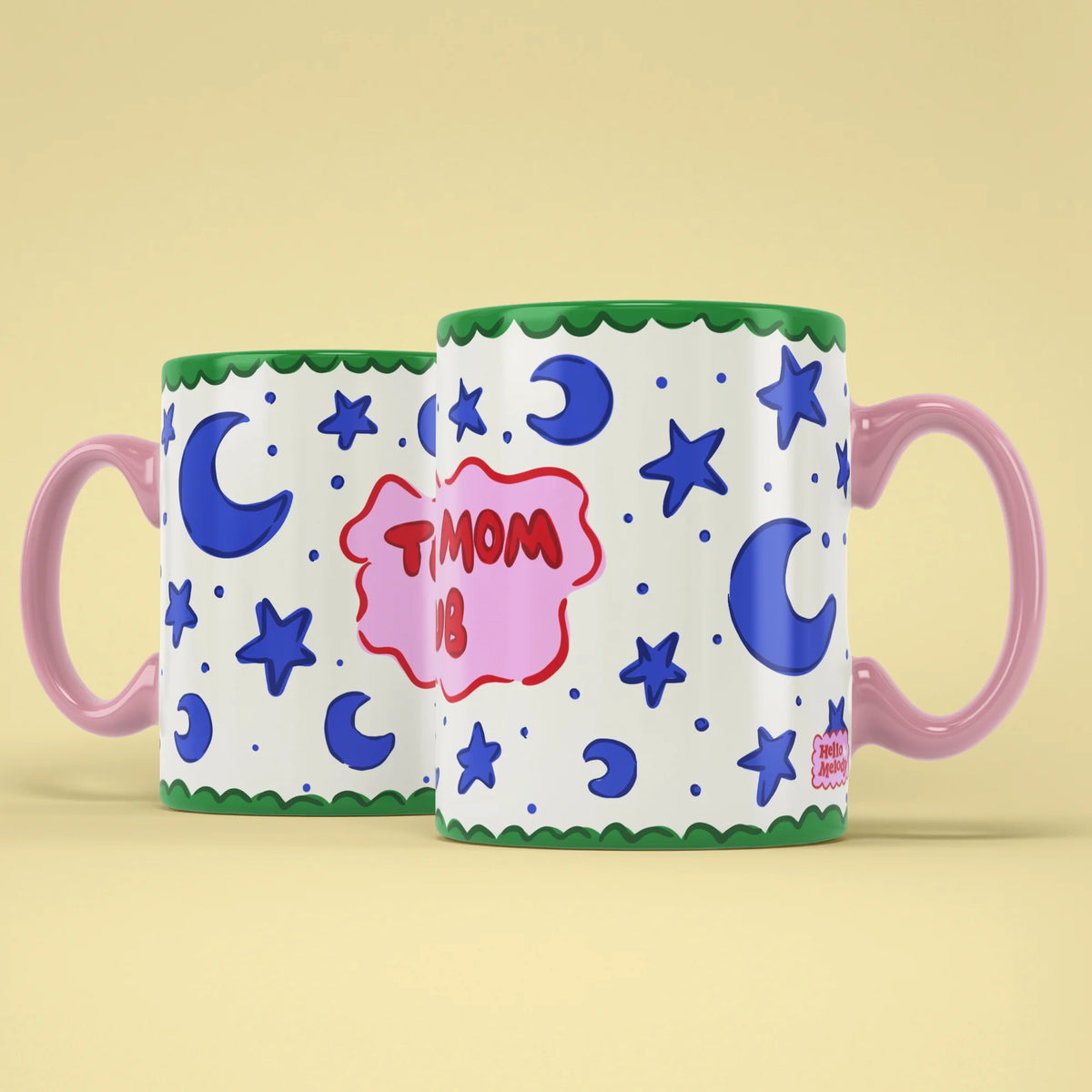 Tired Mom Club Mug shown from both sides with starry design
