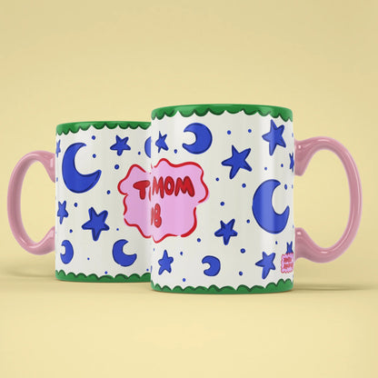 Tired Mom Club Mug shown from both sides with starry design
