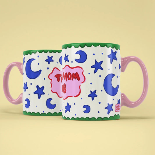 Tired Mom Club Mug shown from both sides with starry design