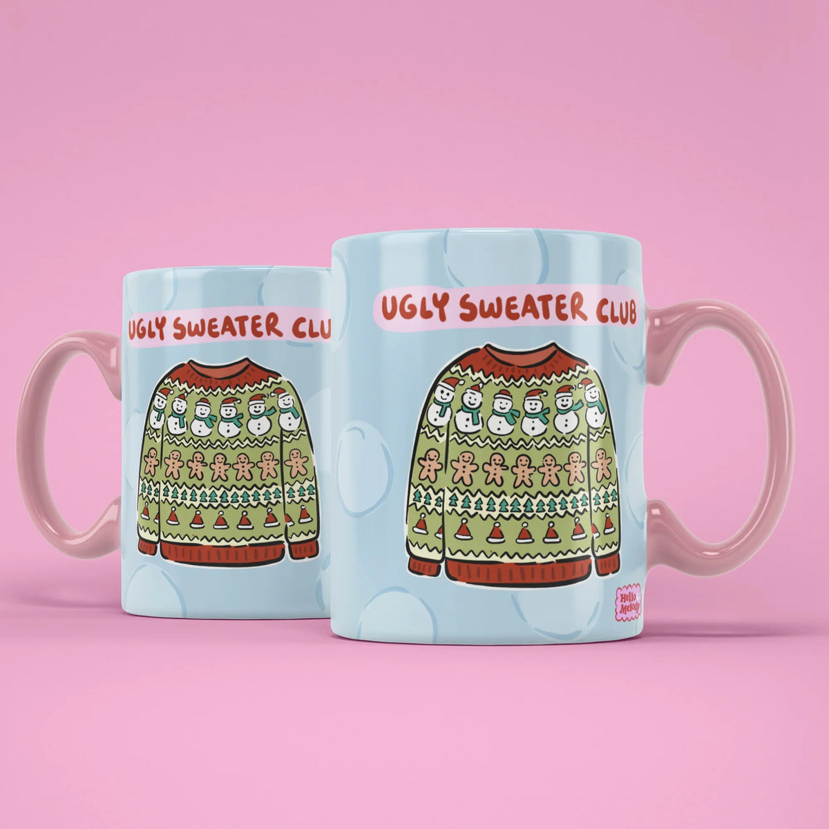 Ugly Sweater Club Mug – two mugs showing front and back of the jumper design