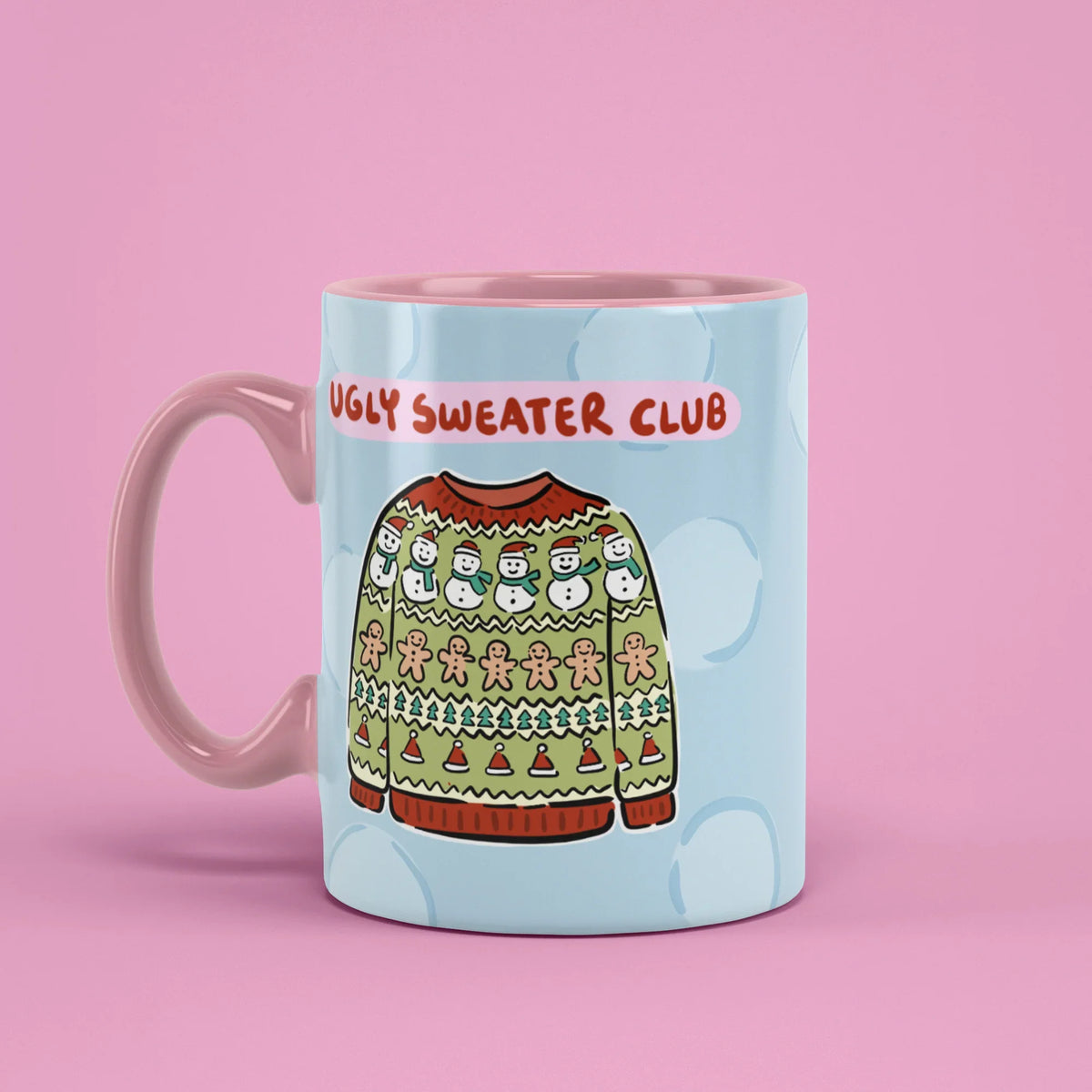 Ugly Sweater Club Mug – Christmas jumper cup with pink handle on left