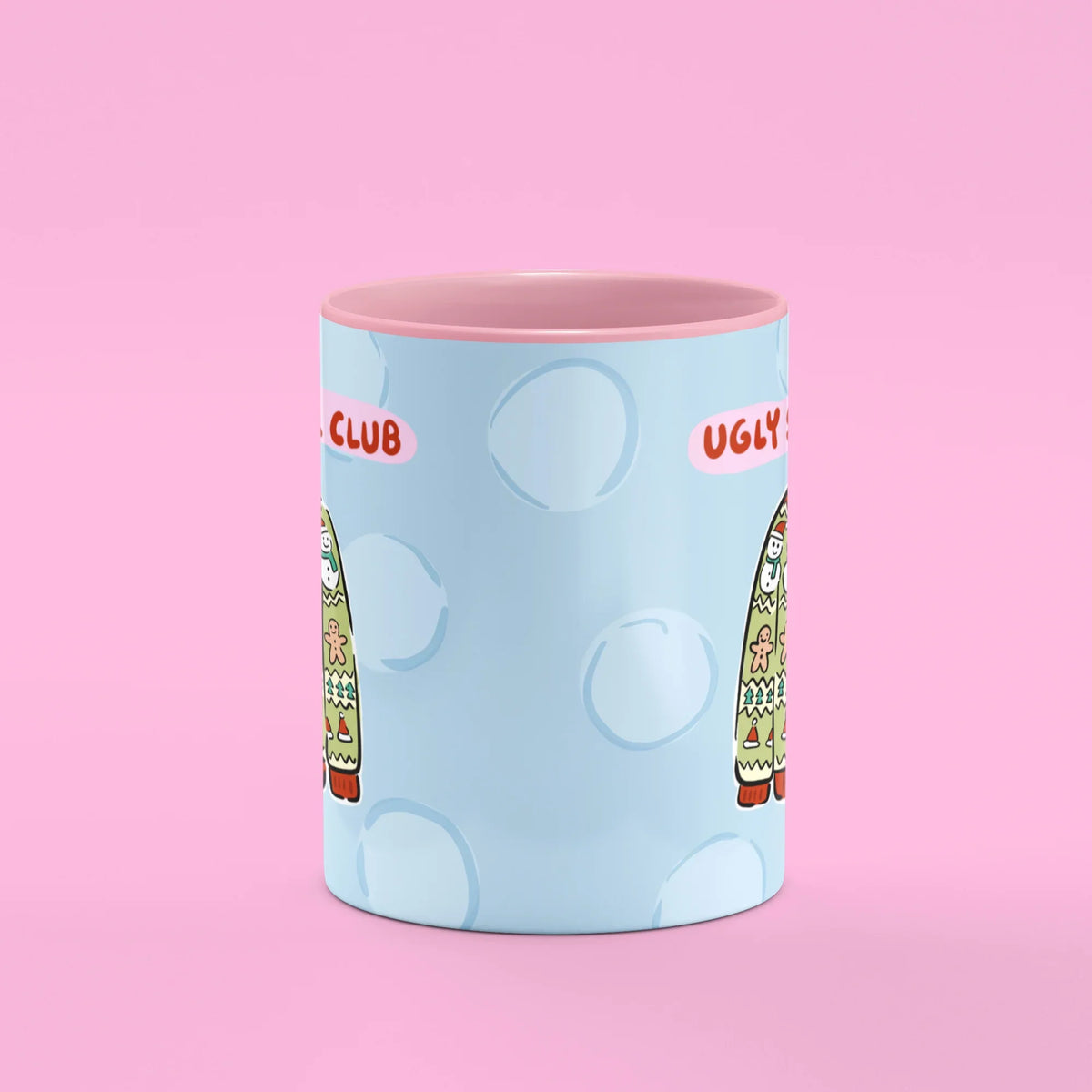 Ugly Sweater Club Mug – front view of Christmas jumper with snowmen